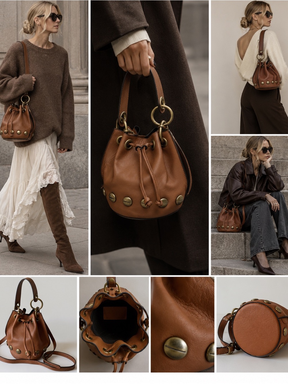 Valentina Fiore Made in Italy Cognac Leather Studded Bucket Bag Crossbody Purse